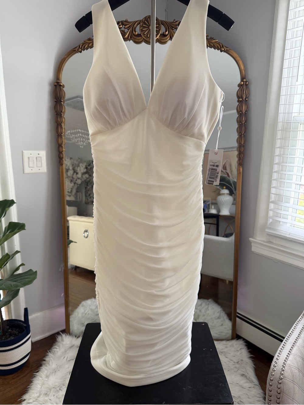 Ivory Ruched V-Neck Bodycon Dress